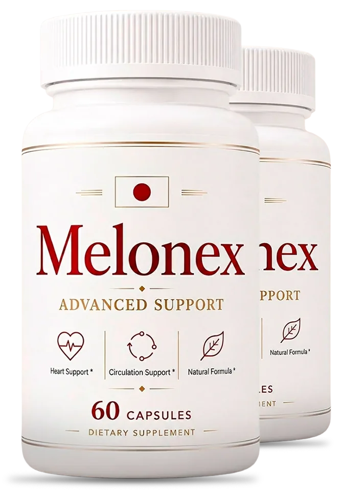 Two white Melonex bottles with gold cap bands and the red Melonex label