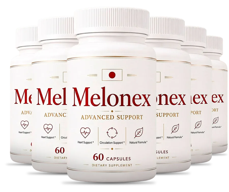 6 white Melonex bottles with the red Melonex label, 60 capsules each