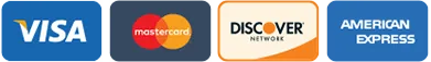 Payment logos: Visa, Mastercard, Discover and American Express