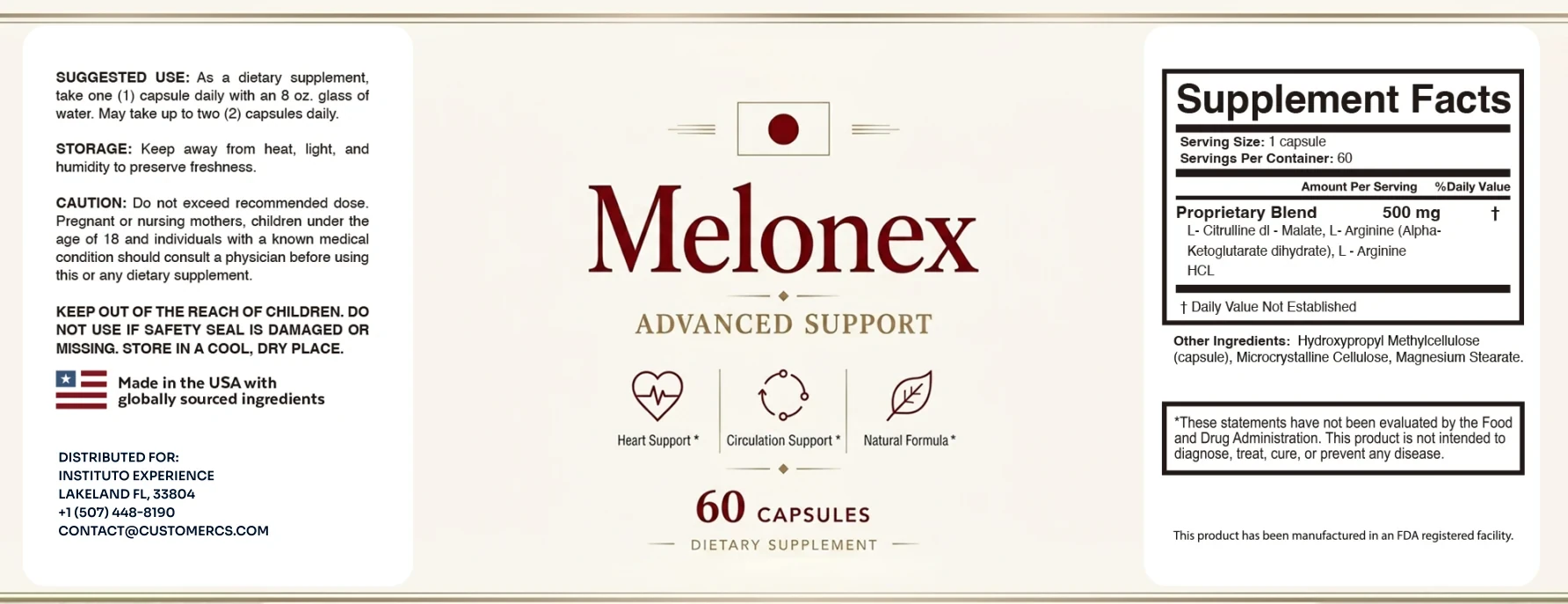 The flat Melonex label: suggested use, storage and caution on the left; the red Melonex wordmark, ADVANCED SUPPORT and three support icons in the middle; Supplement Facts on the right